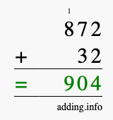 Calculate 872 + 32 using long addition