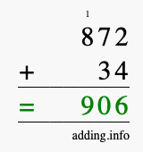 Calculate 872 + 34 using long addition