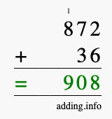 Calculate 872 + 36 using long addition