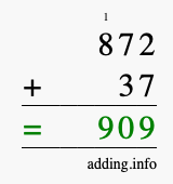 Calculate 872 + 37 using long addition