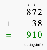 Calculate 872 + 38 using long addition
