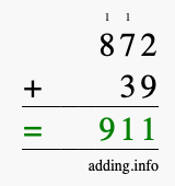 Calculate 872 + 39 using long addition