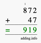 Calculate 872 + 47 using long addition