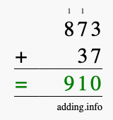 Calculate 873 + 37 using long addition