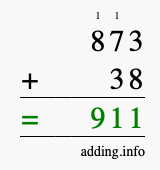 Calculate 873 + 38 using long addition
