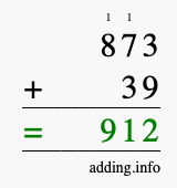 Calculate 873 + 39 using long addition