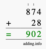 Calculate 874 + 28 using long addition