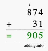 Calculate 874 + 31 using long addition