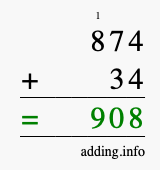 Calculate 874 + 34 using long addition