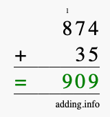 Calculate 874 + 35 using long addition