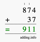 Calculate 874 + 37 using long addition