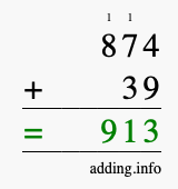 Calculate 874 + 39 using long addition