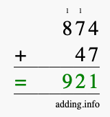 Calculate 874 + 47 using long addition