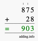 Calculate 875 + 28 using long addition