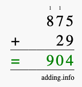 Calculate 875 + 29 using long addition