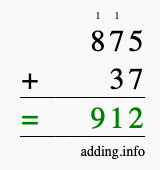 Calculate 875 + 37 using long addition