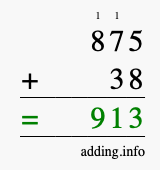 Calculate 875 + 38 using long addition