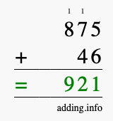 Calculate 875 + 46 using long addition