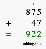 Calculate 875 + 47 using long addition