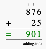 Calculate 876 + 25 using long addition