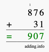 Calculate 876 + 31 using long addition