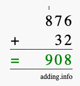 Calculate 876 + 32 using long addition