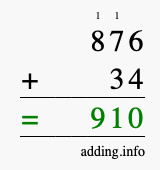 Calculate 876 + 34 using long addition