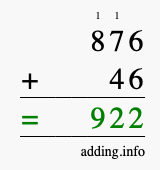 Calculate 876 + 46 using long addition