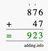 Calculate 876 + 47 using long addition