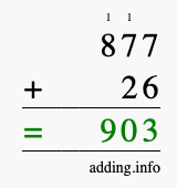 Calculate 877 + 26 using long addition