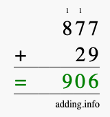 Calculate 877 + 29 using long addition