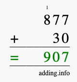 Calculate 877 + 30 using long addition