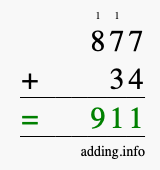 Calculate 877 + 34 using long addition