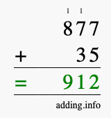 Calculate 877 + 35 using long addition
