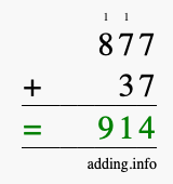 Calculate 877 + 37 using long addition