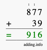 Calculate 877 + 39 using long addition