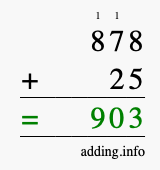 Calculate 878 + 25 using long addition