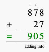 Calculate 878 + 27 using long addition