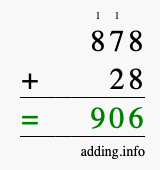 Calculate 878 + 28 using long addition