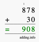 Calculate 878 + 30 using long addition