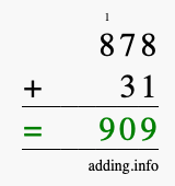 Calculate 878 + 31 using long addition