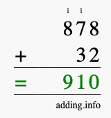 Calculate 878 + 32 using long addition