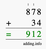Calculate 878 + 34 using long addition