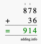 Calculate 878 + 36 using long addition