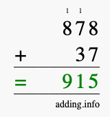 Calculate 878 + 37 using long addition