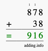 Calculate 878 + 38 using long addition