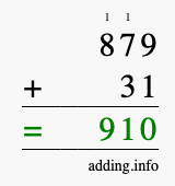 Calculate 879 + 31 using long addition