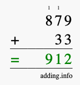 Calculate 879 + 33 using long addition
