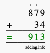 Calculate 879 + 34 using long addition