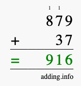 Calculate 879 + 37 using long addition